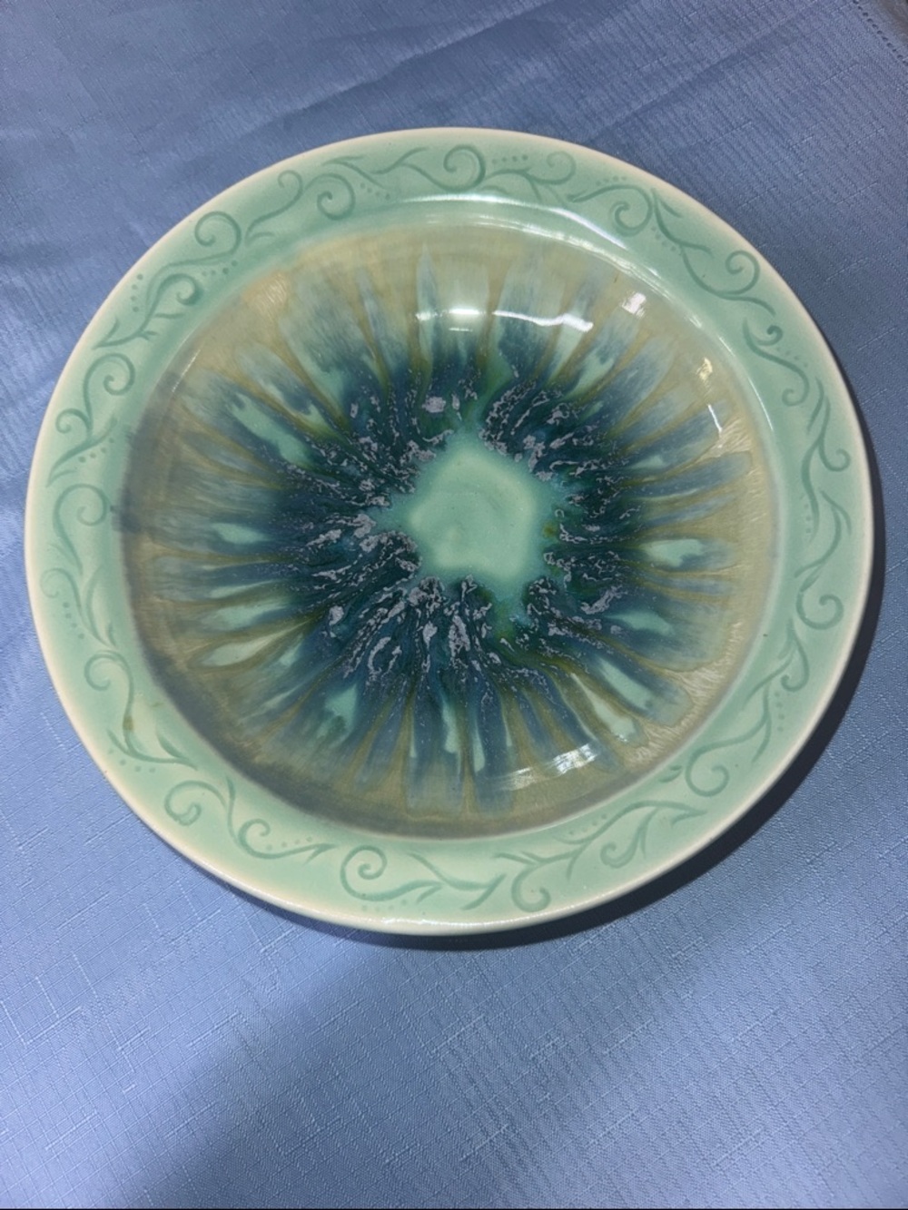 Studio Art Pottery Bowl Hand Thrown Footed Green Teal Blue 9.5"